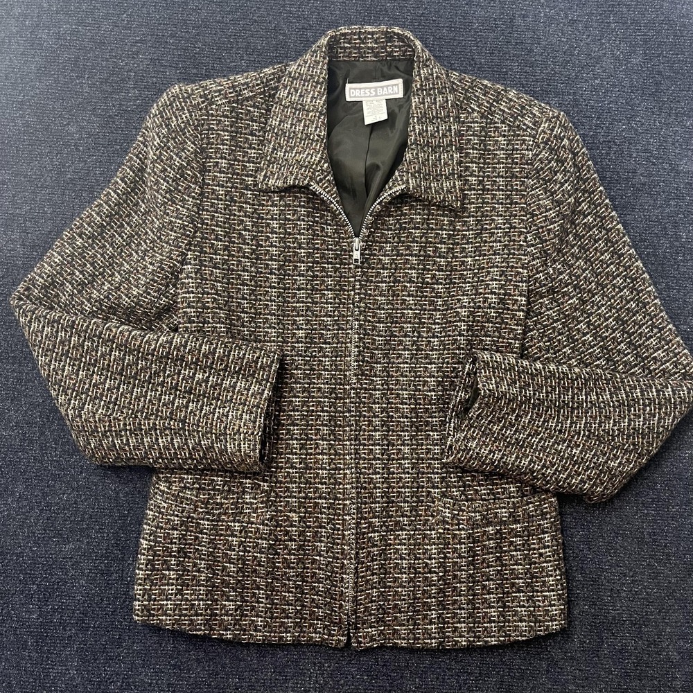 Vintage Dressbarn Blazer Jacket Womens 8 Brown Tweed Wool Blend Zip Front Lined